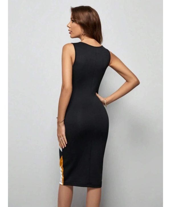 Kadın Kolsuz V Yakalı Geometrik Desenli Midi Dalgıç Elbise