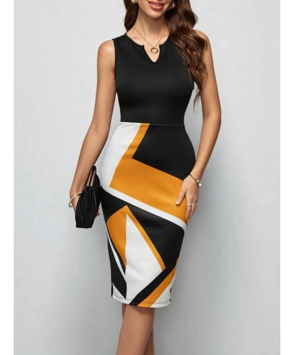 Kadın Kolsuz V Yakalı Geometrik Desenli Midi Dalgıç Elbise