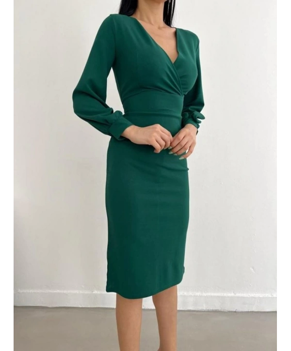 Kadın Kruvaze Yaka Balon Kol Midi Boy Elbise