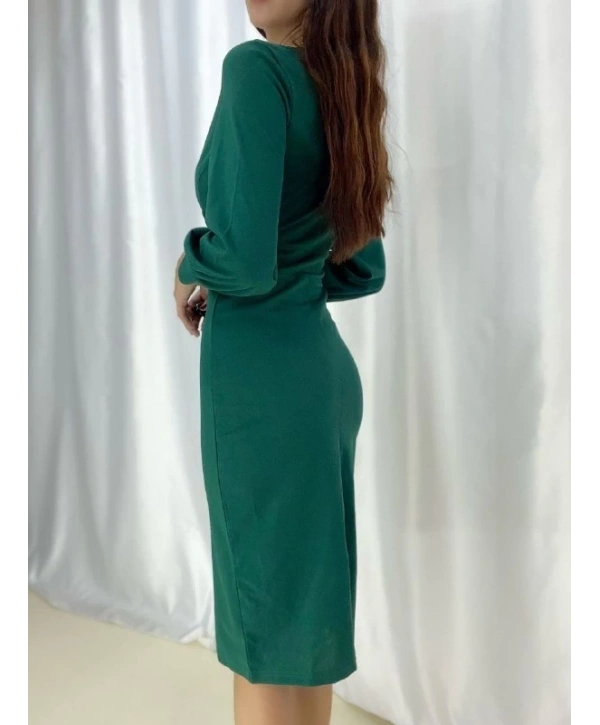 Kadın Kruvaze Yaka Balon Kol Midi Boy Elbise