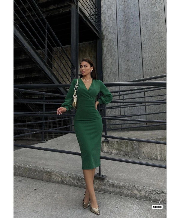 Kadın Kruvaze Yaka Balon Kol Simli Krep Kumaş Midi Boy Elbise