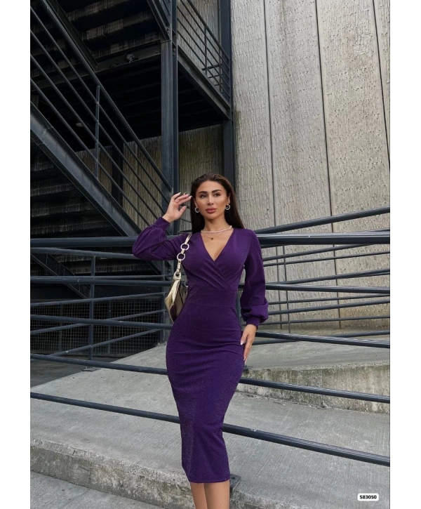 Kadın Kruvaze Yaka Balon Kol Simli Krep Kumaş Midi Boy Elbise