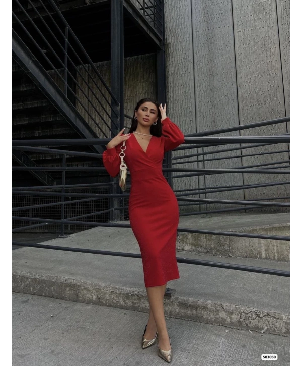 Kadın Kruvaze Yaka Balon Kol Simli Krep Kumaş Midi Boy Elbise