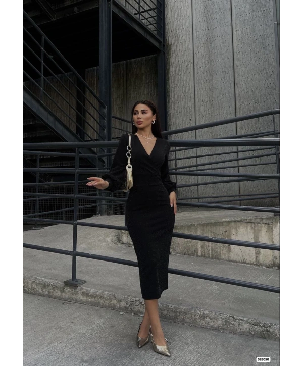 Kadın Kruvaze Yaka Balon Kol Simli Krep Kumaş Midi Boy Elbise