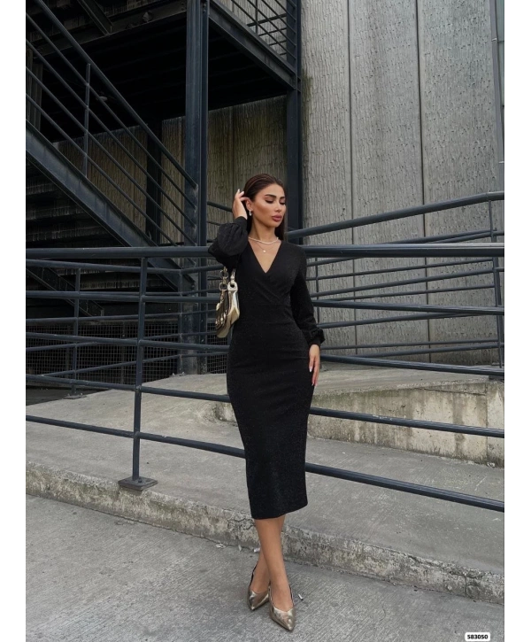 Kadın Kruvaze Yaka Balon Kol Simli Krep Kumaş Midi Boy Elbise