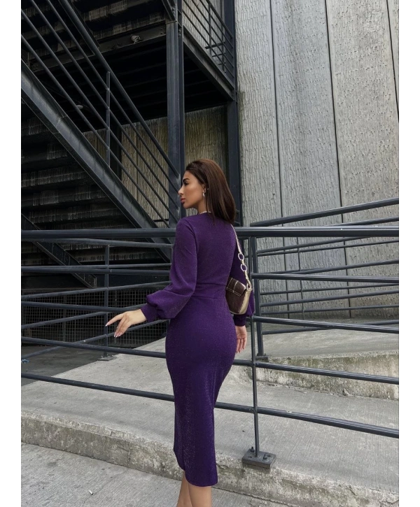 Kadın Kruvaze Yaka Balon Kol Simli Krep Kumaş Midi Boy Elbise