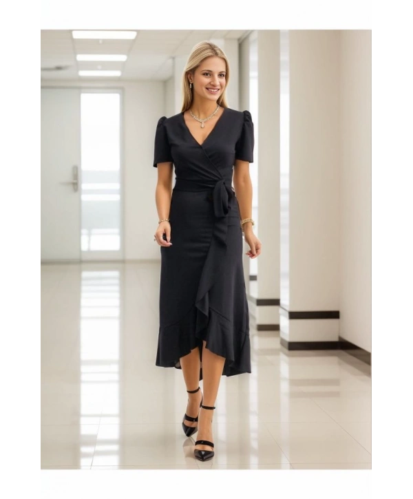 Kadın Kruvaze Yaka Midi Boy Kuşaklı Krep Elbise 120 Cm