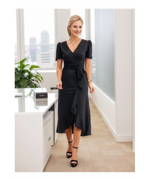 Kadın Kruvaze Yaka Midi Boy Kuşaklı Krep Elbise 120 Cm