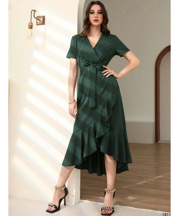 Kadın Kruvaze Yaka Midi Boy Kuşaklı Krep Elbise 120 Cm