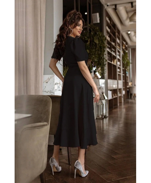 Kadın Kruvaze Yaka Midi Boy Kuşaklı Krep Elbise 120 Cm