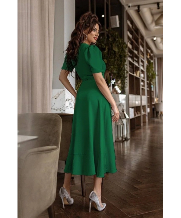 Kadın Kruvaze Yaka Midi Boy Kuşaklı Krep Elbise 120 Cm