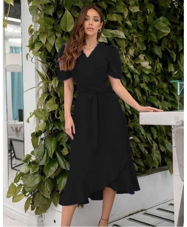 Kadın Kruvaze Yaka Midi Boy Kuşaklı Krep Elbise 120 Cm