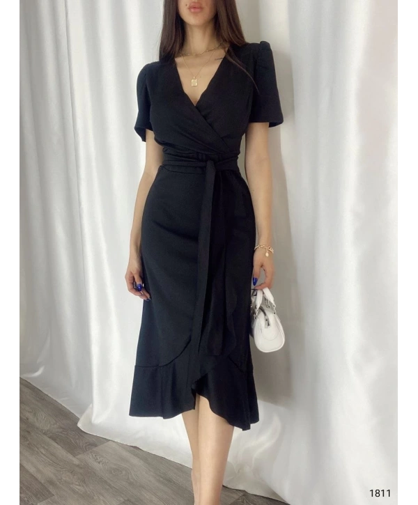 Kadın Kruvaze Yaka Midi Boy Kuşaklı Krep Elbise 120 Cm