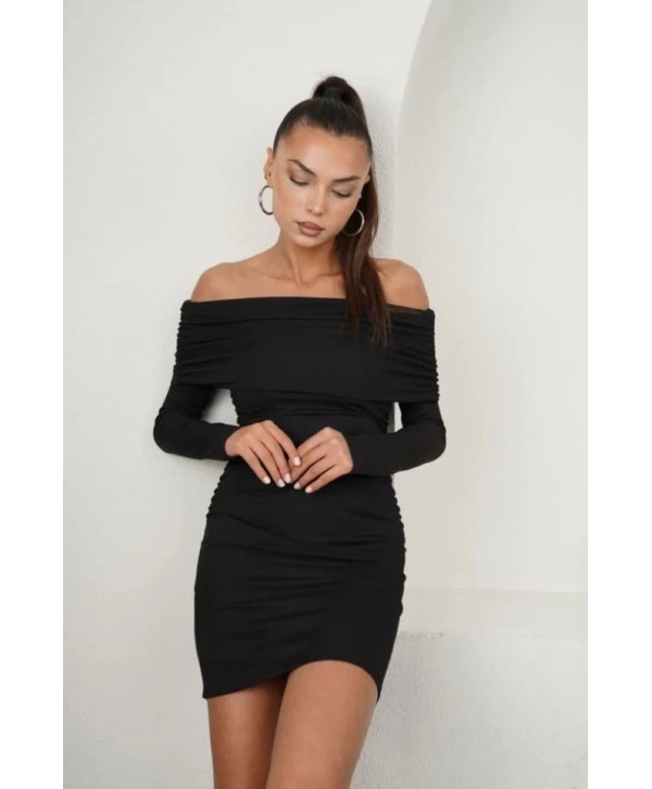 Kadın Madonna Mendil Yaka Fırsat ürün Büzgülü Mini Elbise