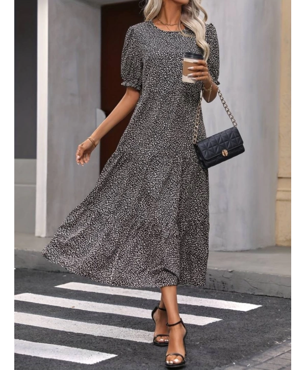 Kadın Mini Leopar Desen Midi üç Kat Elbise