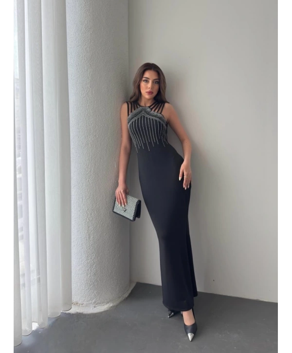 Kadın Omuz çoklu Askılı önü Taş Işlemeli Balık Kesim Janjan Krep Maxi Boy Elbise