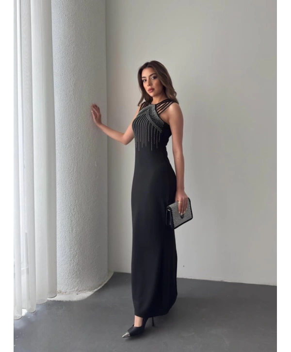 Kadın Omuz çoklu Askılı önü Taş Işlemeli Balık Kesim Janjan Krep Maxi Boy Elbise