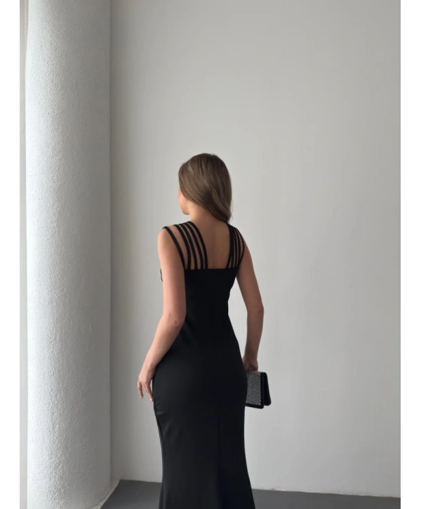 Kadın Omuz çoklu Askılı önü Taş Işlemeli Balık Kesim Janjan Krep Maxi Boy Elbise