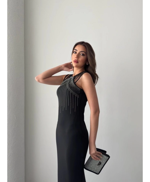 Kadın Omuz çoklu Askılı önü Taş Işlemeli Balık Kesim Janjan Krep Maxi Boy Elbise