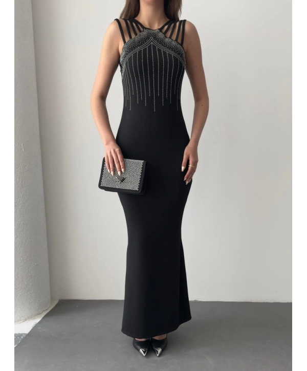 Kadın Omuz çoklu Askılı önü Taş Işlemeli Balık Kesim Janjan Krep Maxi Boy Elbise