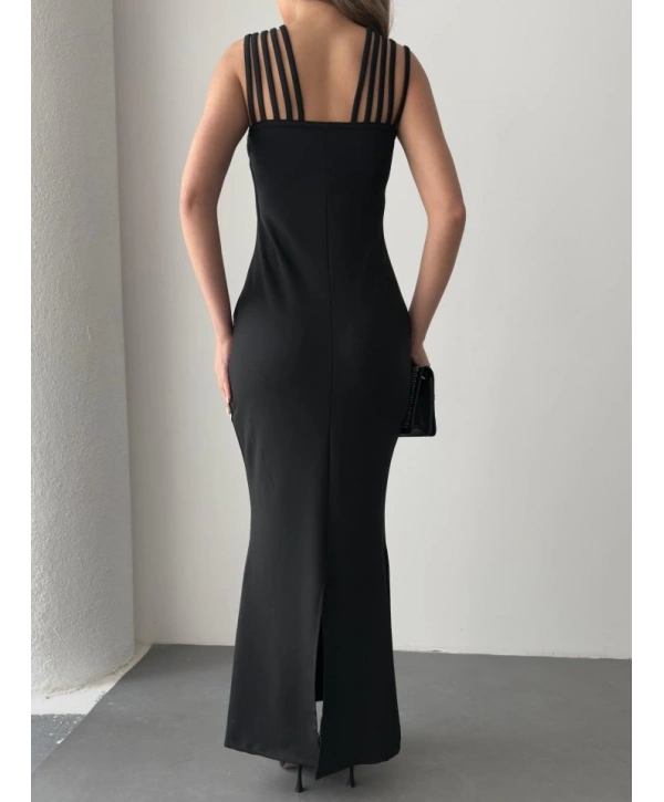 Kadın Omuz çoklu Askılı önü Taş Işlemeli Balık Kesim Janjan Krep Maxi Boy Elbise