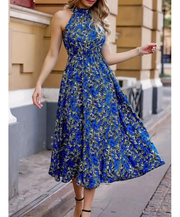 Kadın Omuzlardan Açık Daire Yaka Desenli Maxi Süprem Elbise