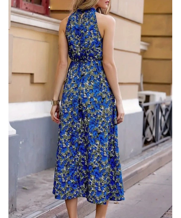 Kadın Omuzlardan Açık Daire Yaka Desenli Maxi Süprem Elbise