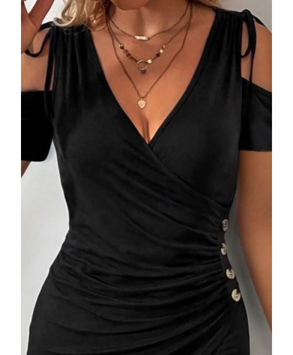 Kadın Omuzlardan Açık V Yakalı Kısa Kollu Yanlardan Büzgülü Düğme Detaylı Janjan Krep Elbise