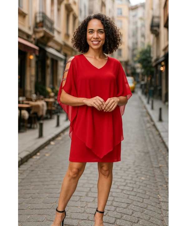 Kadın Omzu Açık V Yaka Şifonlu Sandy Kumaş Fırsat Ürün Diz Üstü Elbise