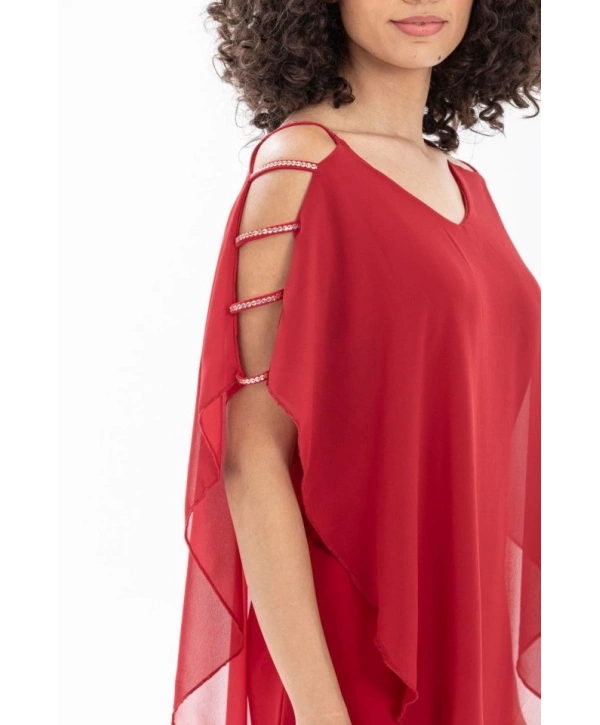 Kadın Omzu Açık V Yaka Şifonlu Sandy Kumaş Fırsat Ürün Diz Üstü Elbise