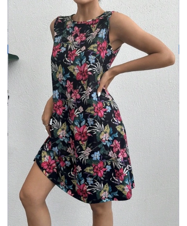 Kadın Renkli çiçek Baskılı Süprem Elbise