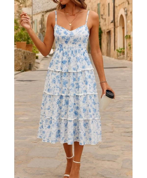 Kadın Sıfır Kol Askılı Dekolteli Yırtmaç Detay çiçek Baskılı Süprem Midi Elbise