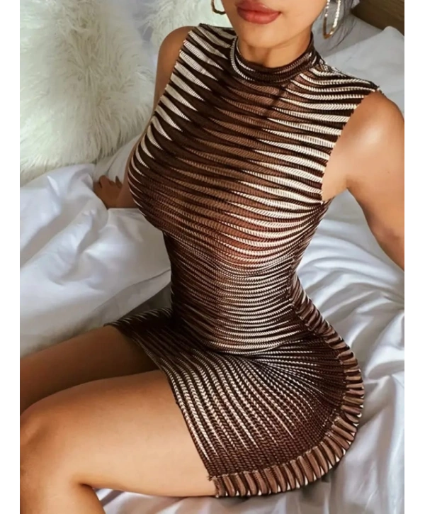 Kadın Sıfır Kol Desenli Mini Bodycon Dalgıç Elbise