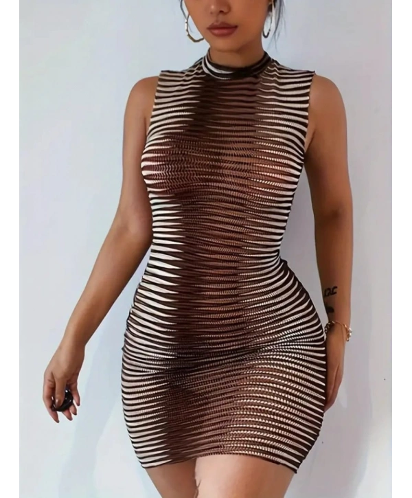 Kadın Sıfır Kol Desenli Mini Bodycon Dalgıç Elbise