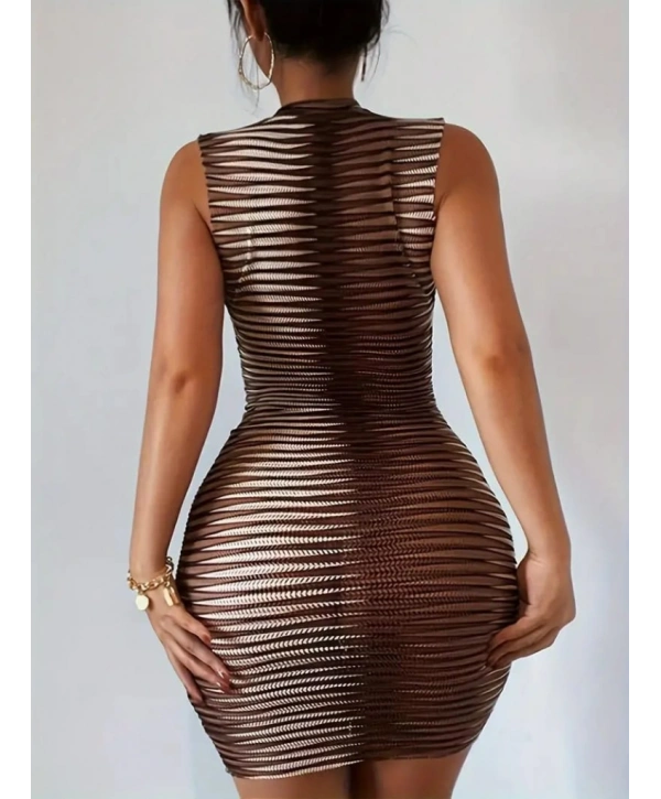 Kadın Sıfır Kol Desenli Mini Bodycon Dalgıç Elbise