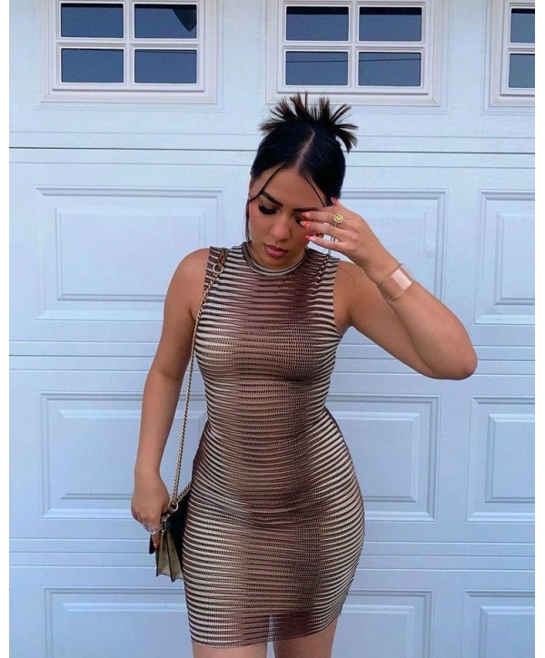 Kadın Sıfır Kol Desenli Mini Bodycon Dalgıç Elbise
