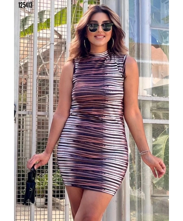 Kadın Sıfır Kol Desenli Mini Bodycon Dalgıç Elbise
