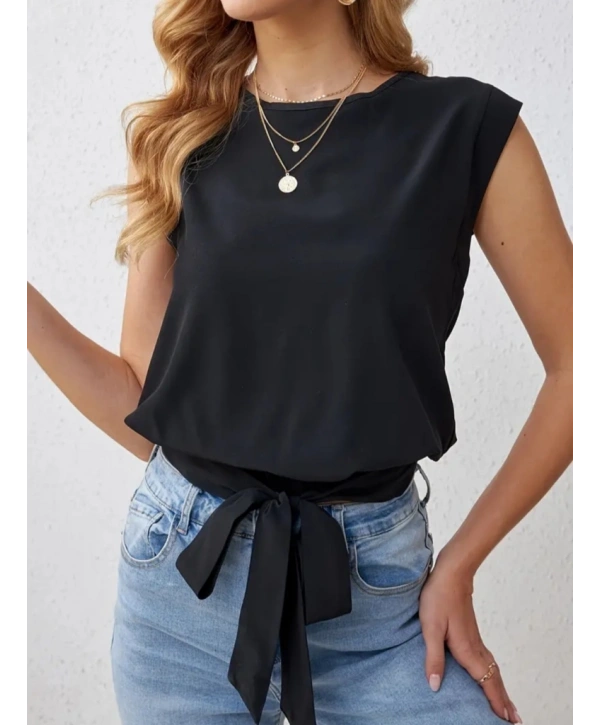 Kadın Sıfır Kol Etek Ucu Bağlama Detay Ithal Krep Bluz