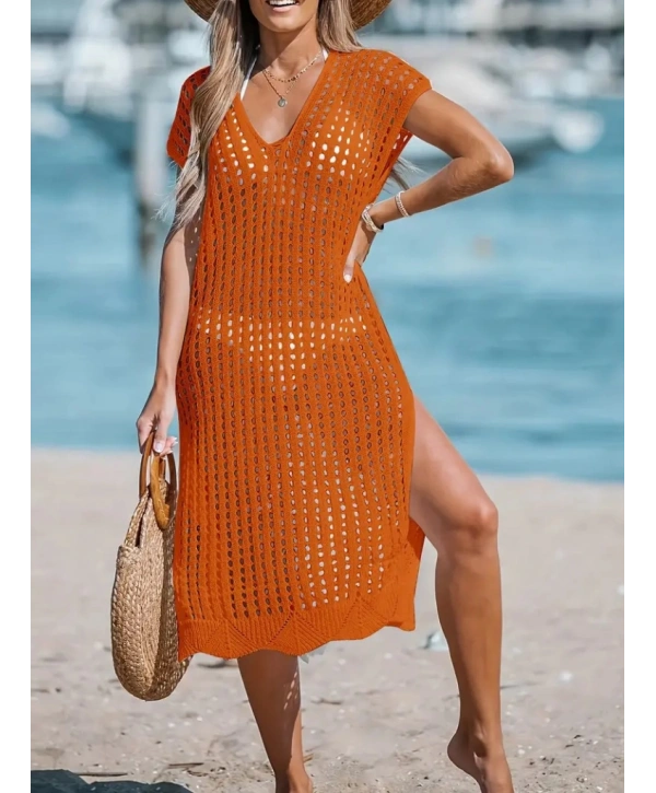 Kadın Sıfır Kol V Yaka Yanı Derin Yırtmaçlı Midi Boy Triko Elbise