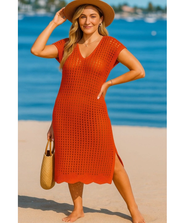 Kadın Sıfır Kol V Yaka Yanı Derin Yırtmaçlı Midi Boy Triko Elbise