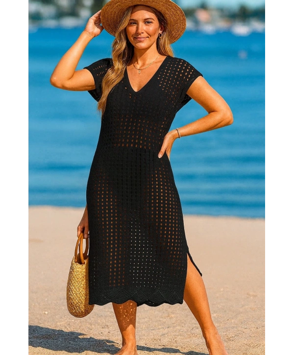 Kadın Sıfır Kol V Yaka Yanı Derin Yırtmaçlı Midi Boy Triko Elbise