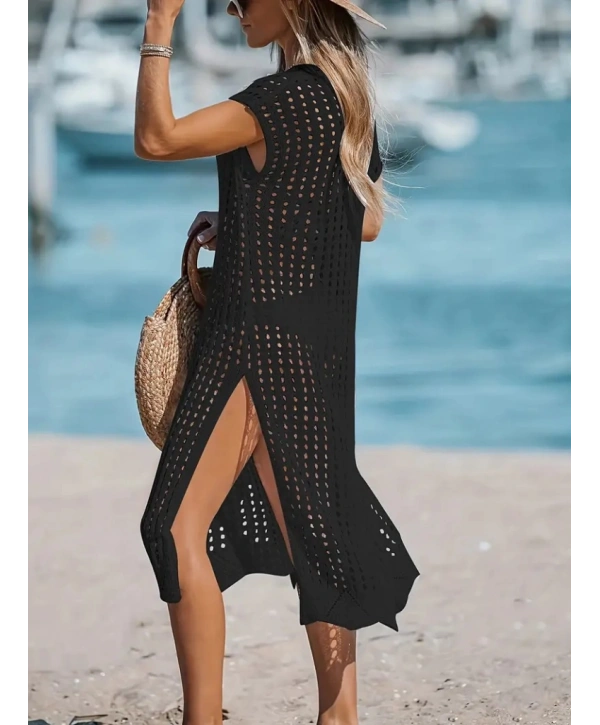 Kadın Sıfır Kol V Yaka Yanı Derin Yırtmaçlı Midi Boy Triko Elbise