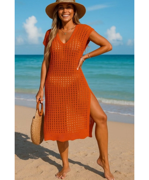 Kadın Sıfır Kol V Yaka Yanı Derin Yırtmaçlı Midi Boy Triko Elbise