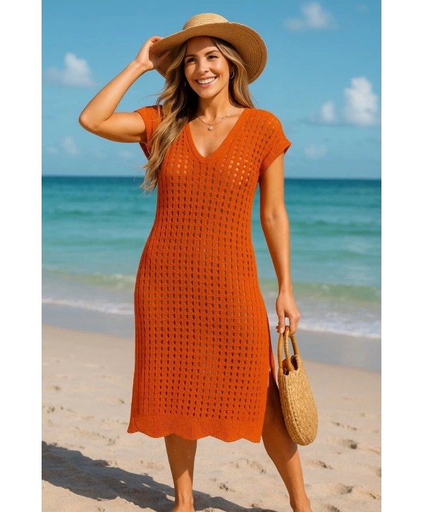 Kadın Sıfır Kol V Yaka Yanı Derin Yırtmaçlı Midi Boy Triko Elbise