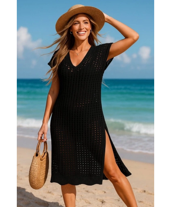 Kadın Sıfır Kol V Yaka Yanı Derin Yırtmaçlı Midi Boy Triko Elbise