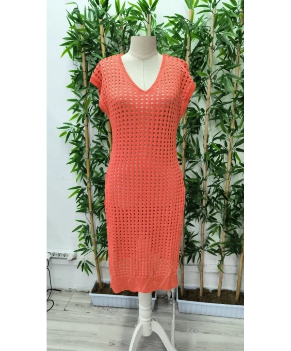 Kadın Sıfır Kol V Yaka Yanı Derin Yırtmaçlı Midi Boy Triko Elbise