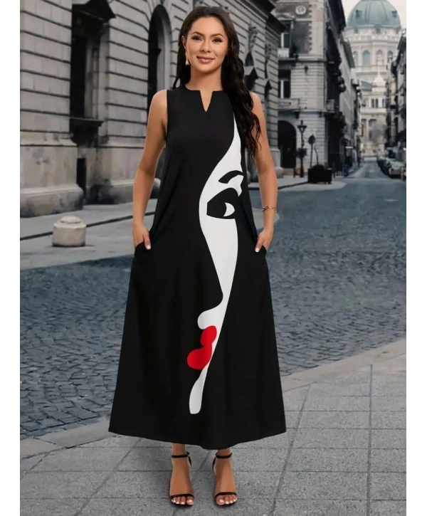 Kadın Sıfır Kol V Yakalı Kadın Yüz Desenli Süprem Elbise
