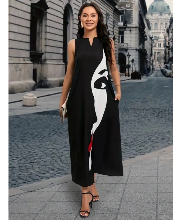 Kadın Sıfır Kol V Yakalı Kadın Yüz Desenli Süprem Elbise