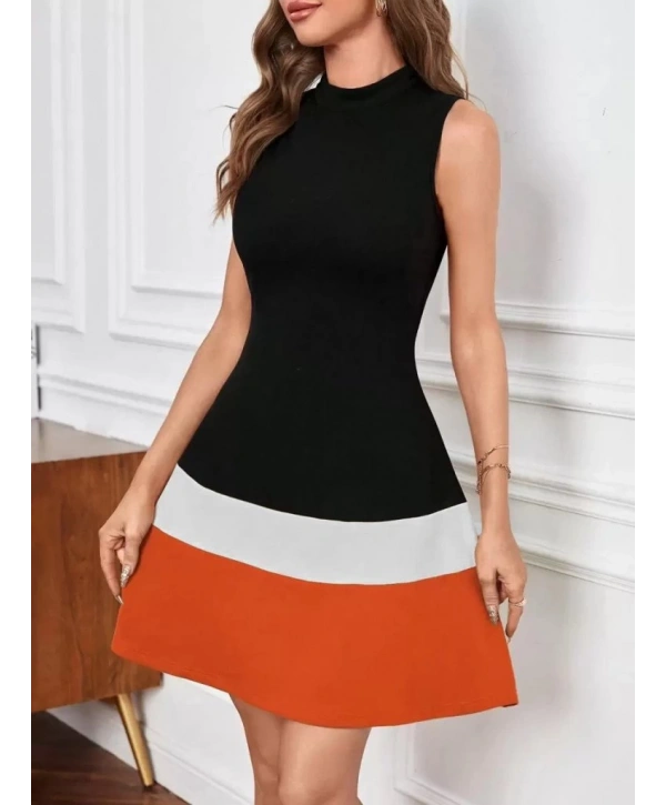 Kadın Sıfır Kol Yarı Balıkçı Yaka şerit Detaylı Ithal Krep Elbise