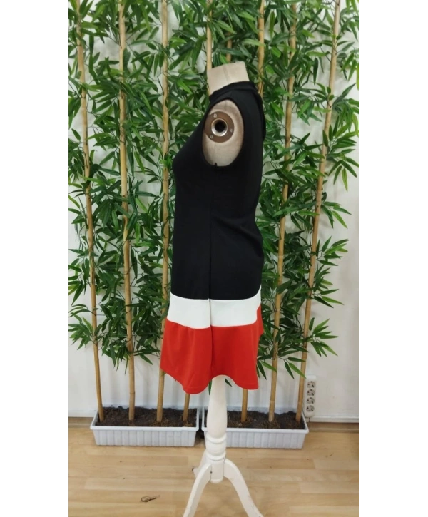 Kadın Sıfır Kol Yarı Balıkçı Yaka şerit Detaylı Ithal Krep Elbise